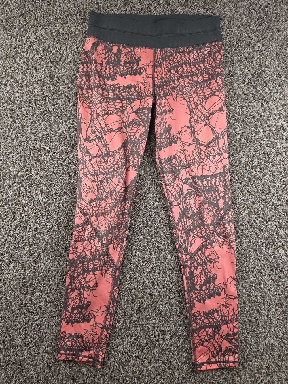 Nike Pro Leggings Coral Pink Black Dri Fit Size L Wide waist band with logo